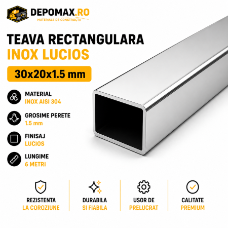 Teava rectangulara inox lucioasa AISI 304, 30 x 20 x 1.5 mm, 6 metri